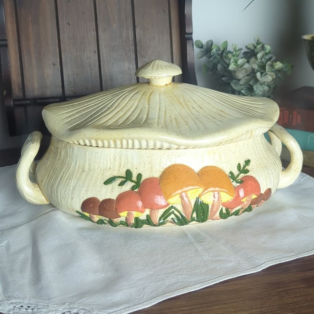 Vintage Storybook Mushroom Covered Serving Dish Large Folk Art Whimsical